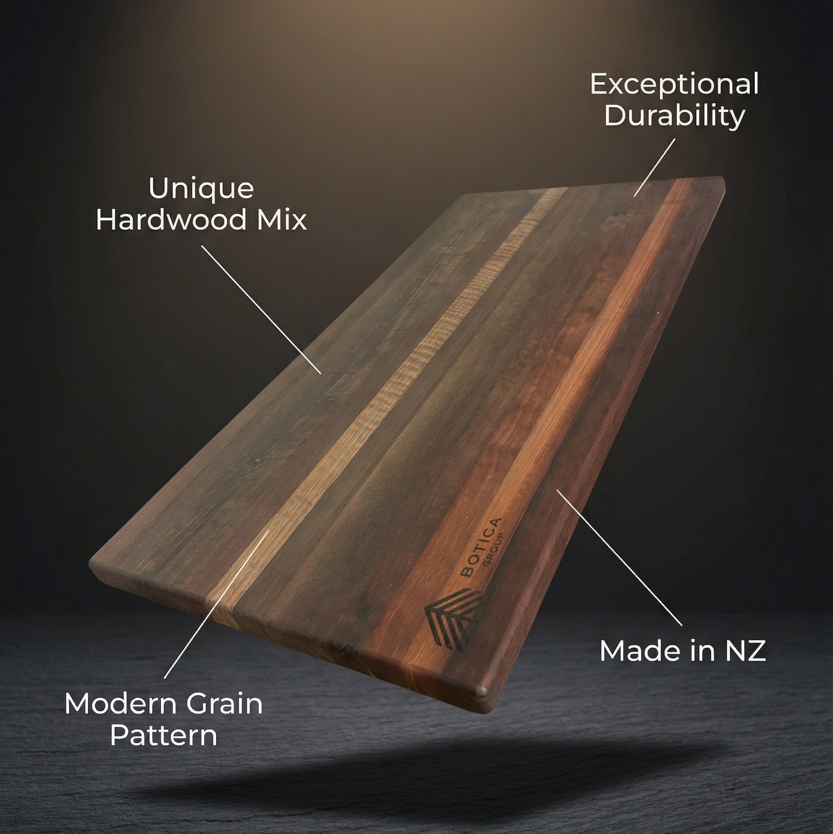 Wooden chopping board with text highlighting features on a dark background