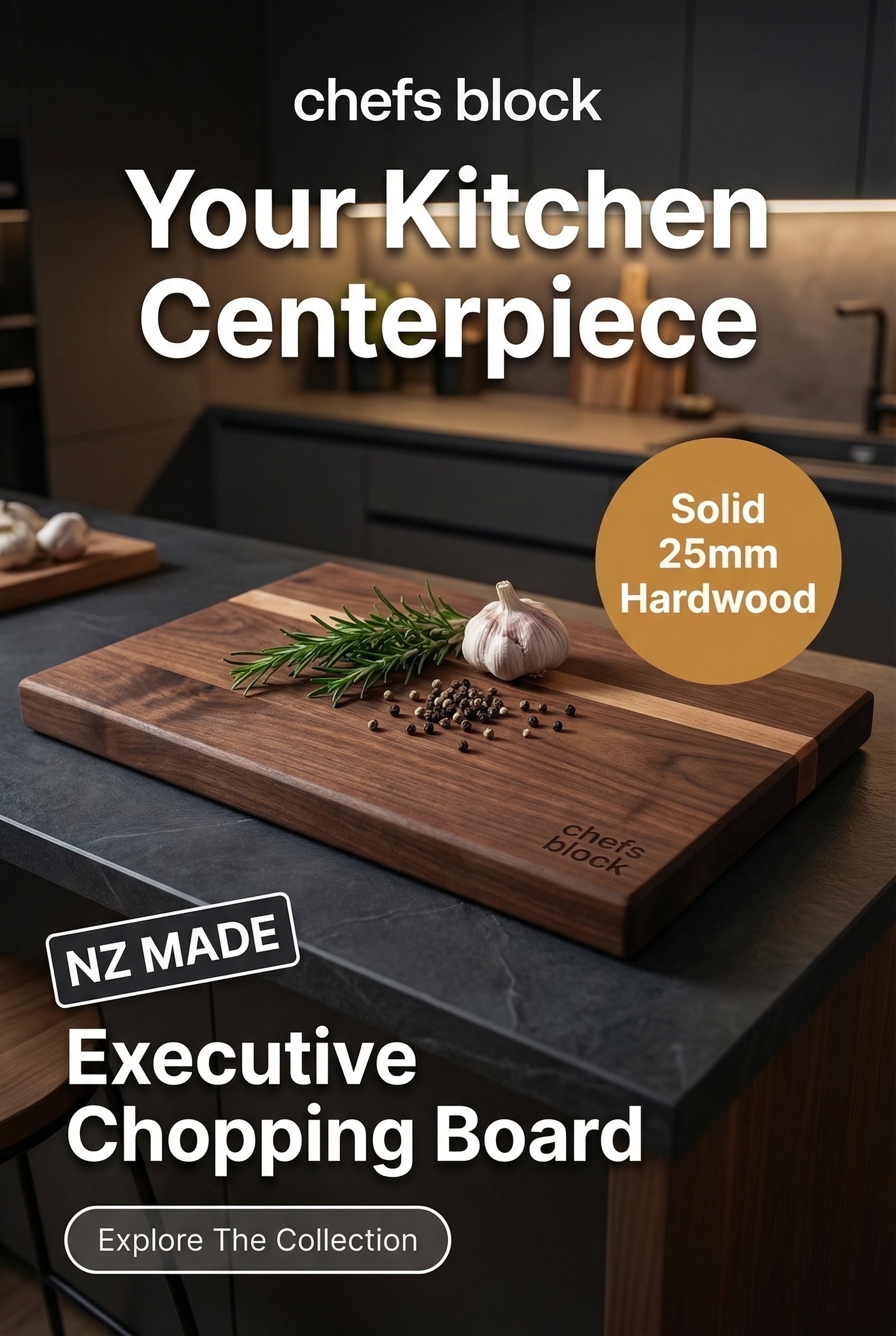 Wooden chopping board with herbs and garlic on a kitchen counter, featuring 'Chefs Block' branding.