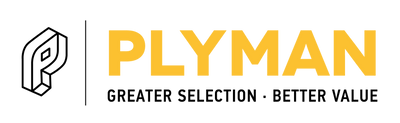 Plyman logo and slogan on a white background, featuring a stylized black 'P' icon, the word 'PLYMAN' in large yellow letters, and the tagline 'GREATER SELECTION • BETTER VALUE' in black.